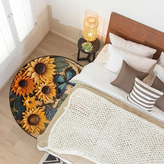 Retro Sunflower Half Round Door Mat Butterfly Non Slip Bath Mats Absorbent Front Porch Rugs Shower Mat for Living Room Bedroom Kitchen Bathroom Floor Home Decor