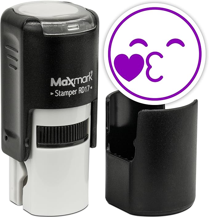 MaxMark Round Self Inking Emoji Stamp - Kiss - Purple Ink