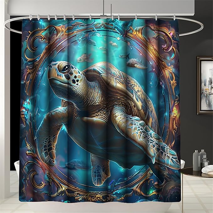 4 Pcs Sea Turtle Shower Curtain - Under The Sea Shower Curtain for Bathroom Ocean Bathroom Sets with Curtain and Rugs