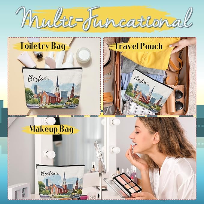 Boston Bag Souvenir Gifts - Boston City Travel Makeup Bag, Boston Theme Watercolor Cosmetic Bag, Boston Lovers Gifts, Massachusetts Gift for Women Girls Traveller