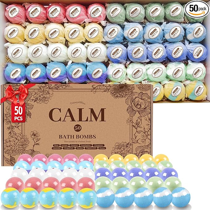 TranquilBliss Bath Bombs Set 50 PCS with 10 Rich Scents, Bath Bombs for Women, Natural Bubble Bombs with Shea Butter & Safe Oil, Ideal for Valentines, Birthday, Mother's Day Present (Brown)