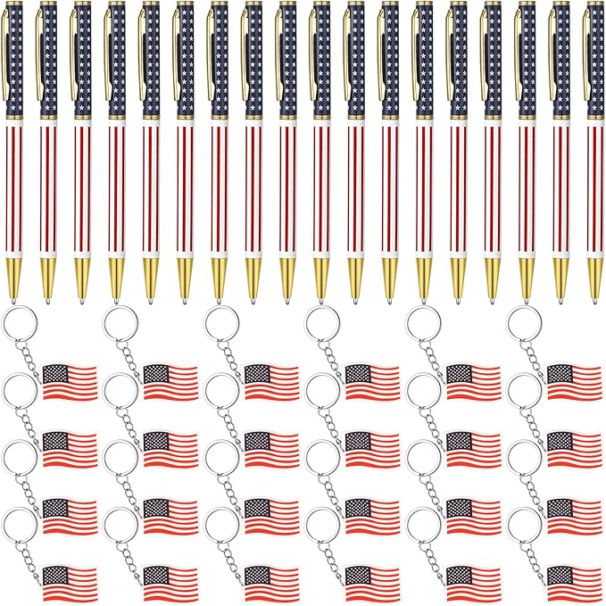 48 Pcs Independence Day Metal Ballpoint Pens American Flag Keychain Set Gold Retractable Pens USA Key Chains Office Patriotic 4th of July Party Favors for Veterans Day(Flag)