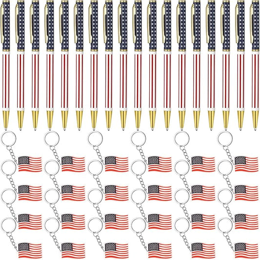 48 Pcs Independence Day Metal Ballpoint Pens American Flag Keychain Set Gold Retractable Pens USA Key Chains Office Patriotic 4th of July Party Favors for Veterans Day(Flag)