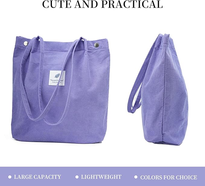 Corduroy Tote Bag Cute Tote Bags for Women Shoulder Bag with Inner Pocket for Work Beach Travel and Shopping Grocery