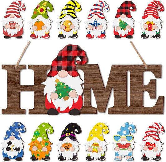 Yookeer 13 Pcs Interchangeable Gnome Home Sign Wood 3D Christmas Winter Seasonal Door Decor Rustic Farmhouse Home Decoration for Holiday Wall Decor Gift(Dark Brown)