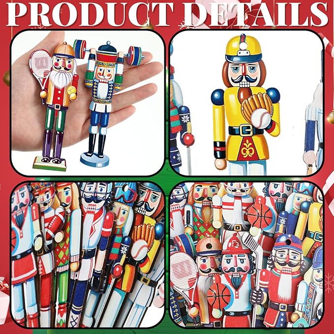 Yookeer 36 Pcs Sport Nutcracker Christmas Ornaments 4.9 Inch Hockey Ski Baseball Football Ball Xmas Wooden Ornaments with Rope Nutcracker Christmas Decorations for Xmas Tree Home Wreath Party Decor