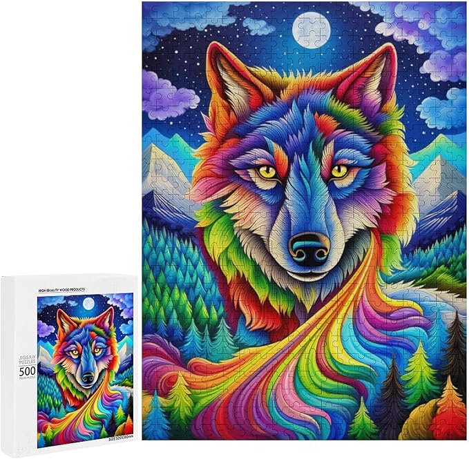 Wooden Puzzle - Colorful Wolf Jigsaw Puzzles，Wooden Puzzles for Adults 500 Pieces Challenge Puzzles，Educational Games，Family Puzzles，Unique Gifts for Wall Art,Funnny Puzzles