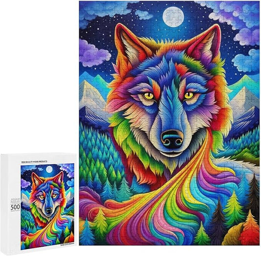 Wooden Puzzle - Colorful Wolf Jigsaw Puzzles，Wooden Puzzles for Adults 500 Pieces Challenge Puzzles，Educational Games，Family Puzzles，Unique Gifts for Wall Art,Funnny Puzzles