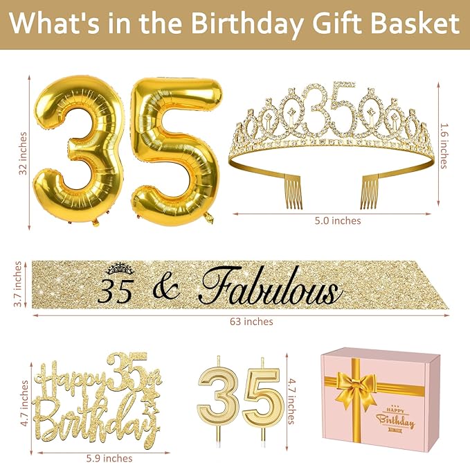 35th Birthday Decorations for Women Gold with 35th Birthday Sash and Tiara, Cake Topper and Candles, Number Balloons, 35 Year Old Gifts for Women