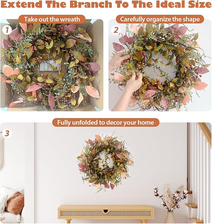 26 Inch Fall Wreaths for Front Door Burgundy Berry Wreath with Leave, Large Autumn Wreath Decor on Grapevine for Farmhouse Front Door Wall Window Home Decoration and Christmas Thanksgiving Celebration