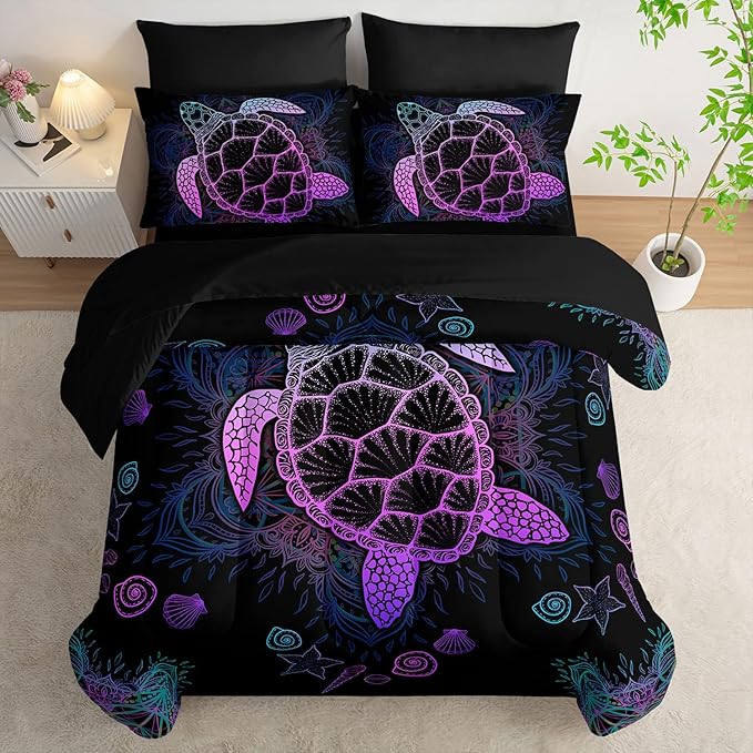 Sea Turtle Comforter Set (7 Piece) - Twin/Queen Size, Black Bedding, Teal Purple Ocean Theme, Soft Microfiber, Sheets Included