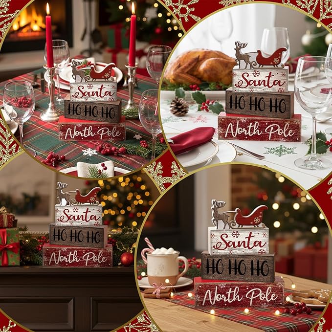 4 Pcs Reindeer Christmas Table Decor Wooden Reindeer Christmas Tiered Tray Decor Xmas Centerpiece Decorative Red Deer Pulled Sleigh Block Signs Gift Farmhouse Xmas Decoration for Home Kitchen