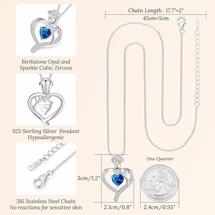 LOUISA SECRET Rose Flower Heart Birthstone Necklaces for Women, 925 Sterling Silver Fine Jewelry, Pendant Heart Necklaces Birthday Anniversary Christmas Gift for Women Wife Mom Girlfriend Lady