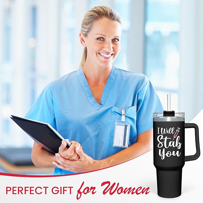 SANDJEST Nurse Gifts I Will Stab You Tumbler with Handle 40oz Stainless Steel Insulated Coffee Cup Funny Nurse Week Present, Nursing School Graduation, Appreciation Gifts for RN Nurses