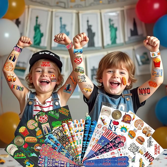 96 PCS New York Party Favors Set – 72 Pre-Cut Temporary Tattoos & 24 Slap Bracelets, Perfect for Travel Parties & City-Themed Celebrations