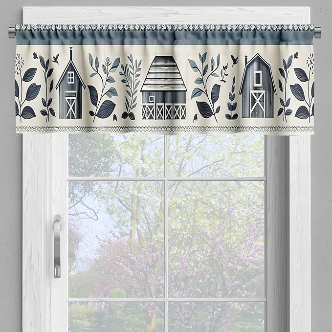 Ambesonne Farmhouse Window Valance, Monochrome Design of Leafy Cottagecore Barn Pattern Country Vibe, Curtain Valance for Kitchen Bedroom Decor with Rod Pocket, 54" X 12", Blue Grey and Off White