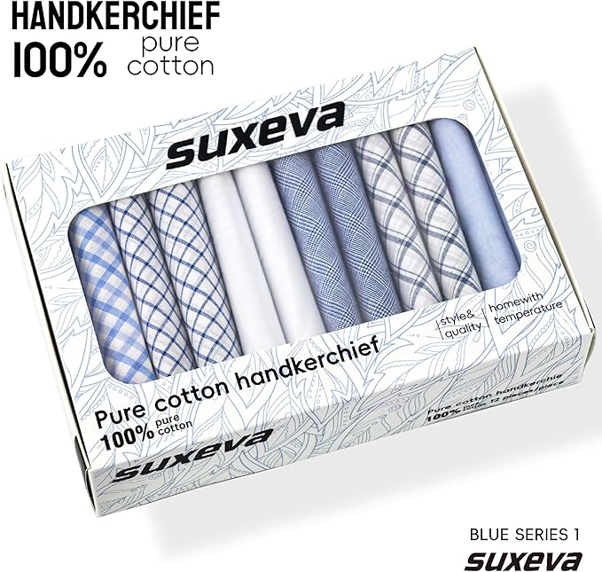 Gifts Cotton Handkerchiefs 100% Soft Cotton 12-Pack White handkerchif and Blue cotton handkerchief for Men and Women