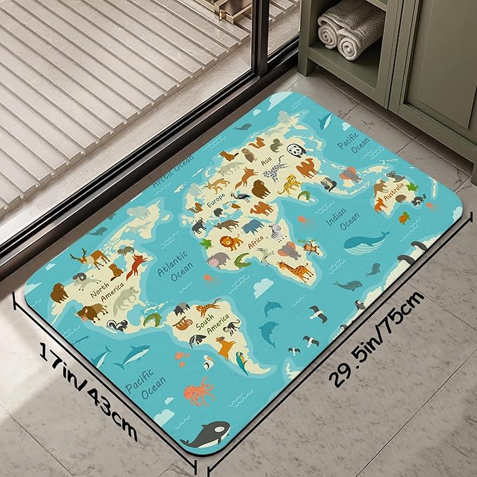 World Map with Animals AST Drying Absorbent Bathroom Mat, Non-Slip Rubber Backing Thin Low-Profile Bath Rug, Easy-Clean Bathroom Floor Mat for Shower, Bathtub, Kitchen, or Entryway