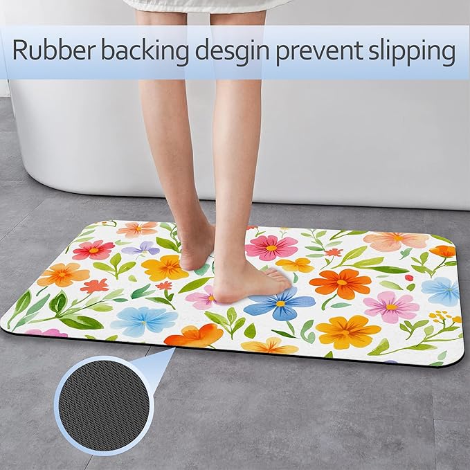 Retro Funky Floral Fast Drying Absorbent Bathroom Mat, Non-Slip Rubber Backing Thin Low-Profile Bath Rug, Easy-Clean Bathroom Floor Mat for Shower, Bathtub, Kitchen, or Entryway