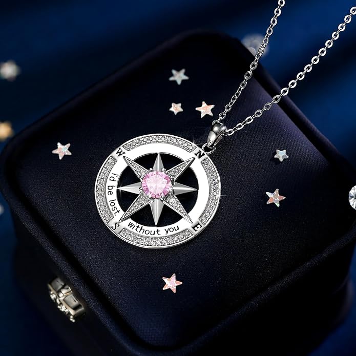 S925 Necklace Birthstone Compass Gift for Women Jewelry Sterling Silver Necklace for Wife Wedding Anniversary Girlfriend Birthday Gifts for Her Valentines Day Mom Mothers Day