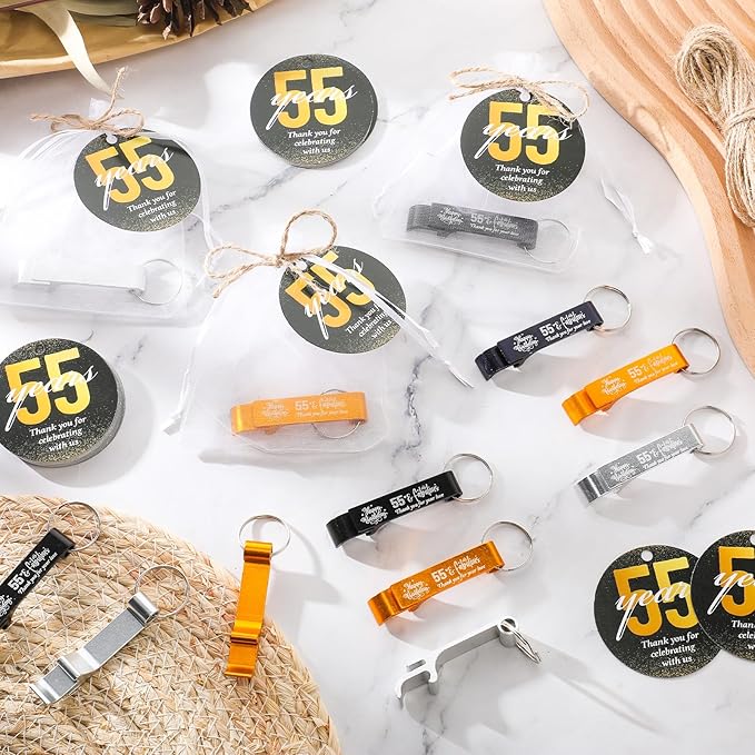 Dandat 54 Sets 55th Birthday Party Favors for Guests Birthday Beer Opener Keychain Cheers to 55 Bottle Opener Keychain with Thank You Cards and Gift Bags for Anniversary Wedding Party Favors