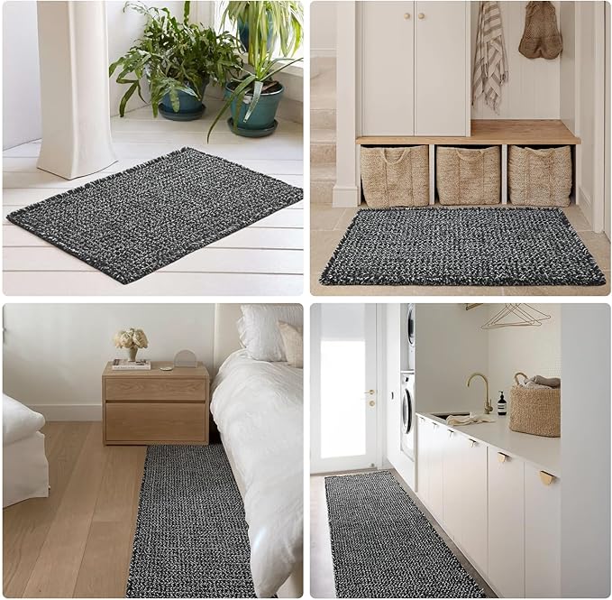Black and White Bathroom Rugs, Waffle Bath Mat Non Slip Washable Super Absorbent Quick Dry Boho Farmhouse Bathroom Decor, 48"x24" Black and White