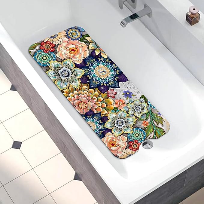 Bathtub Mat Non Slip, Bohemia Extra Long Bath tub Mat Shower Floor Mat with Suction Cups and Drain Holes for Adults Kids Elderly 40 X 16 Inch
