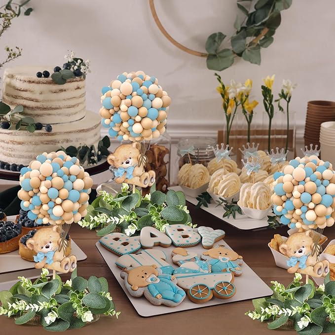 12 Set Blue Baby Shower Table Centerpieces Decortion Blue Bear with Eucalyptus Wreath Wood Slices Welcome Baby Table Topper for Gender Reveal It's A Boy Party Favors