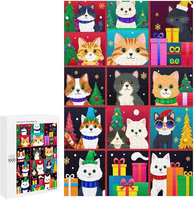 Wooden Puzzle 1000 Pieces Adult - Christmas Dog Cat Puzzle Christmas Puzzles, Holiday Puzzles, Family Toys, Party Games, Jigsaw Puzzle Challenge and Funny
