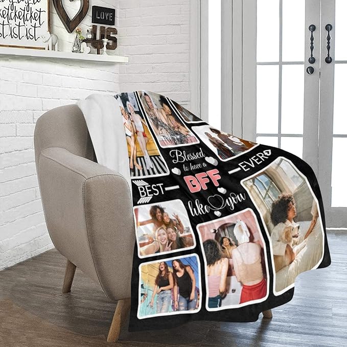 Custom Blanket Gifts for BFF, Customized Blankets with Photos, Make a Personalized Bed Throws to My BFF, Custom Souvenir Throw Blanket for Best BFF Ever, 8 Collages Made in USA