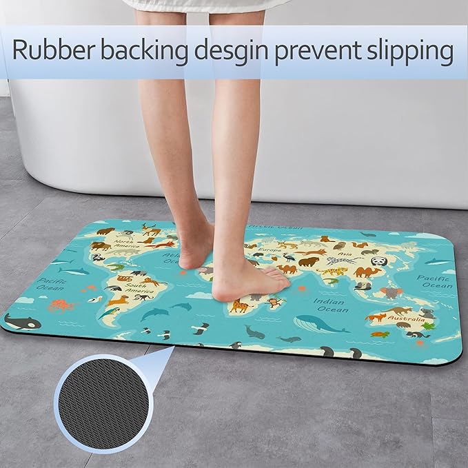 World Map with Animals AST Drying Absorbent Bathroom Mat, Non-Slip Rubber Backing Thin Low-Profile Bath Rug, Easy-Clean Bathroom Floor Mat for Shower, Bathtub, Kitchen, or Entryway