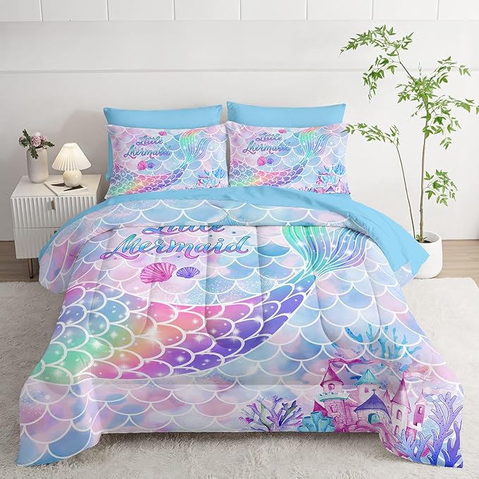 7Pcs Comforter Set Rainbow Mermaid Tail Printed Bedding Set with 1 Comforter, 1 Flat Sheet, 1 Fitted Sheet and 4 Pillowcases for Girls Bedroom All Season(Mermaid-3 Queen)