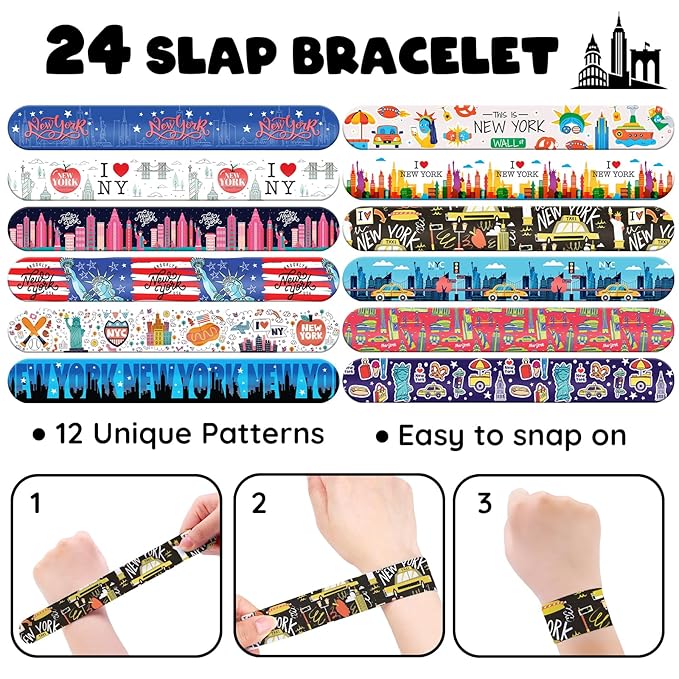 96 PCS New York Party Favors Set – 72 Pre-Cut Temporary Tattoos & 24 Slap Bracelets, Perfect for Travel Parties & City-Themed Celebrations