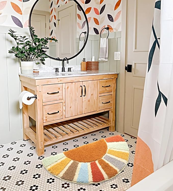 Large 37" x 20" Sunrise Boho Bathroom Rugs,Half Circle Bath Mat Cute,Sun Bath Mats,Retro Bohemian Half Round Home Bathroom Decor,Small Colorful Fun Semi Round Shower Rug Non-Slip