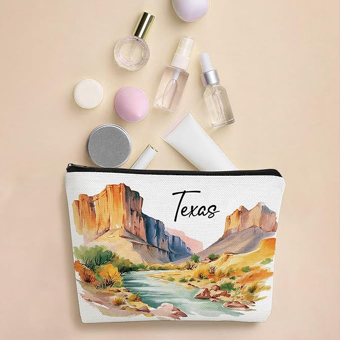 Texas Watercolor Makeup Bag, Waterproof Linen Travel Cosmetic Pouch, Texas-Themed Gifts & Souvenirs for Women, Toiletry Organizer for Travelers, Friends & Coworkers, 9.8×7.1×2 in