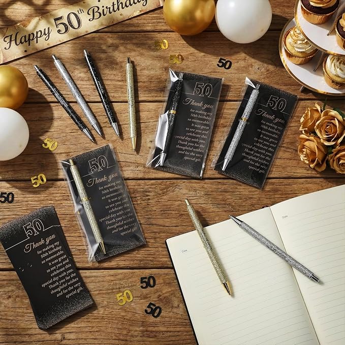 24 Set 50th Birthday Party Favor for Guests Anniversary Appreciation Gifts Birthday Glitter Ballpoint Pen and Thank You Cards for Women Men Years Party Favor Decoration Supplies