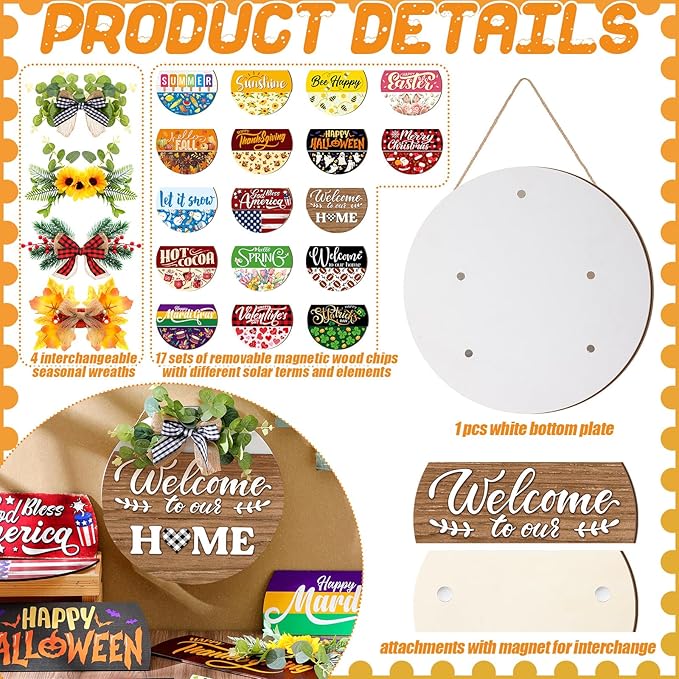 Vicenpal Interchangeable Welcome Sign for Front Door with 17 Magnetic Icons, Wooden Seasonal Front Porch Door Decor with 4 Seasonal Wreaths and 17 Changeable Icons for Holiday Party