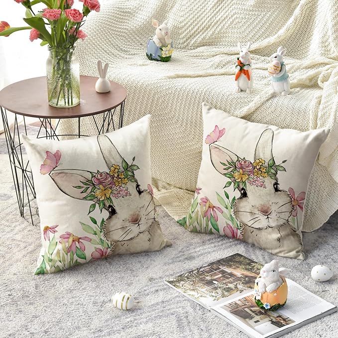 AVOIN colorlife Easter Floral Garland Bunny Throw Pillow Cover, 18 x 18 Inch Spring Rabbit Holiday Cushion Case Decoration for Sofa Couch Set of 2
