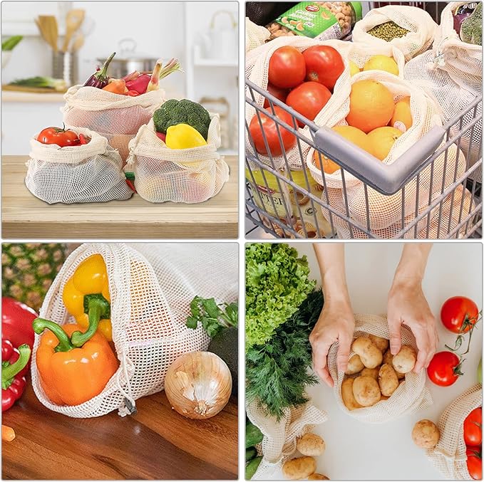KerKoor Reusable-Cotton-Mesh-Produce-shopping-Bags-Washable Eco Friendly Premium See Through Lightweight Net zero Bulk Bags for Veggie Fruit Vegetable Grocery Storage (9 Packs)