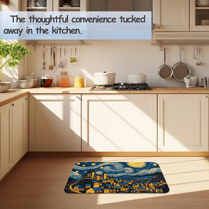 Bathroom Rug 29.5"x17",Night Sky Village Bath Mat with Non-Slip Rubber Backing, Quick-Drying Absorbent Thin Floor Mat for Bathroom, Shower, Sink, or Kitchen