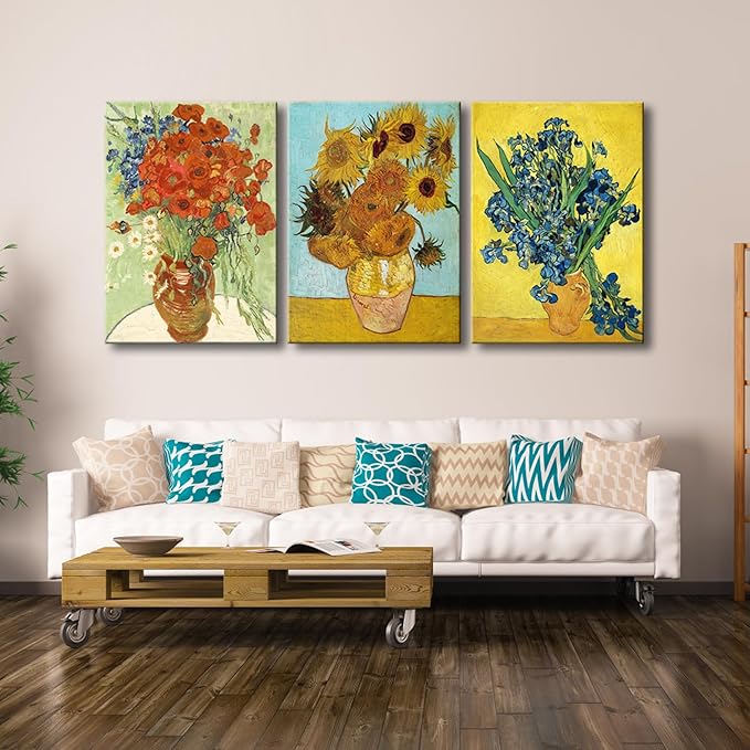 Wieco Art Large 3 Panels Canvas Prints of Vincent Van Gogh Paintings Reproduction Red Poppies and Daisies Sunflower Irises in Vase Canvas Wall Art for Living Room Home Office Decor