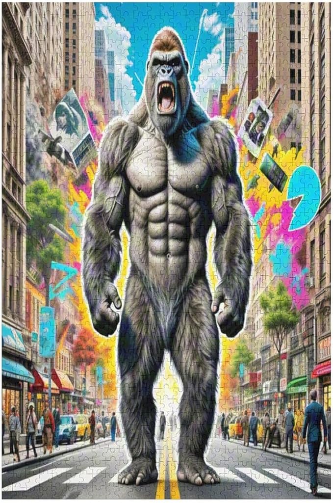 Funny Wooden Puzzle - Gorilla Attacks City Puzzle for Adult 1000 Piece，Wooden Jigsaw Puzzles Art Leisure Game Fun Suitable Family Friends Educational Learning Games Gift