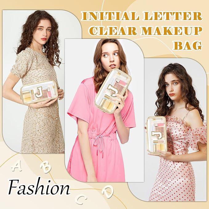 Personalized Initial Letter Clear Makeup Bag,Preppy Small Nylon&PVC Cosmetic Zipper Bag with Chenille Letter,Portable Beach Travel Skincare Toiletry Bag,Trendy Monogram Gift for Teen Girls Women,J