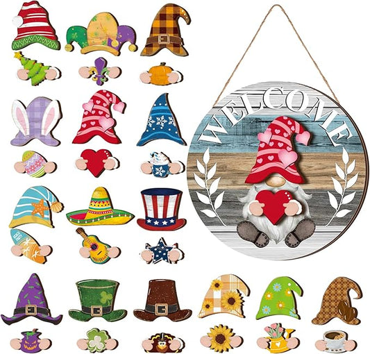 Qunclay Interchangeable Wooden Gnome Decor Holiday Seasonal Gnome Decorations with Magnet Pieces and Detachable Hats Changeable Welcome Sign for Home(Antique Style)