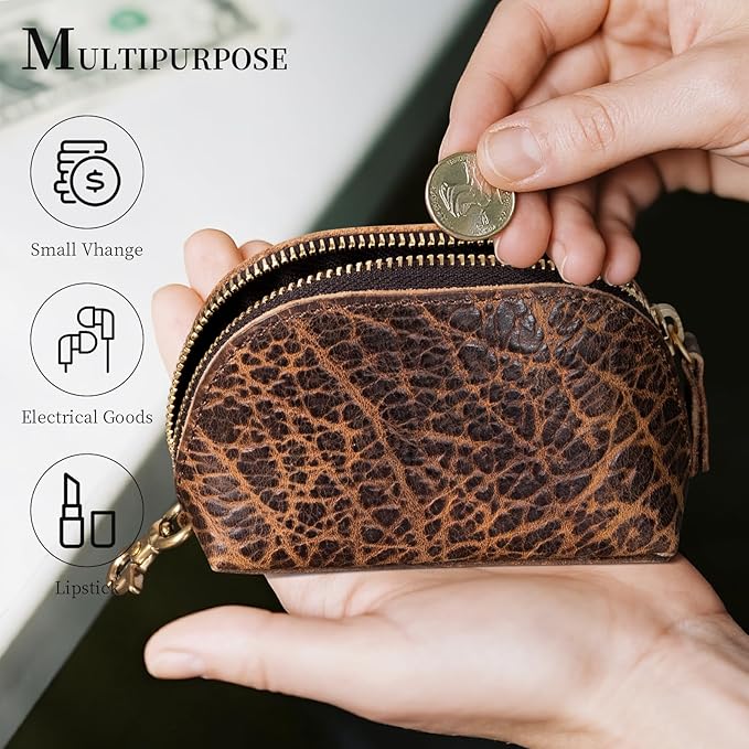 Gexmil Genuine Leather Coin Purse with Zipper, Full Grain Leather, Mini Coin Pouch for Women Men, Change Wallet,Giant Pebble Brown