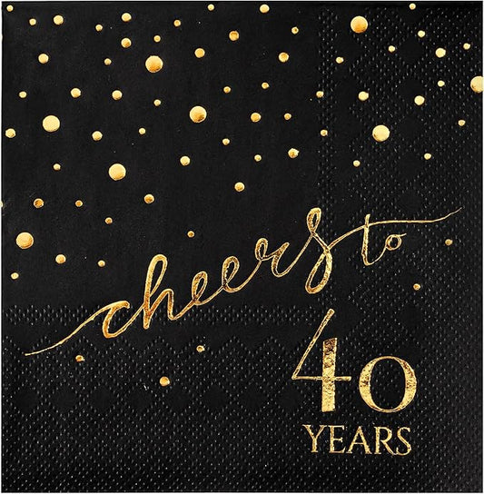 100 Pack of 40th Birthday Napkins, Cheers to 40 Cocktail 5x5 Inches Party Paper Napkins for Birthday Decorations Wedding Anniversary Black and Gold, 3-Ply