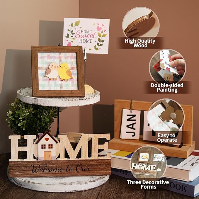 48 Pcs Christmas Tiered Tray Decor Interchangeable Seasonal Home Decor Wooden Signs 17 Themes Thanksgiving Tiered Tray Decorations Set Year Round Holiday Decoration for Home