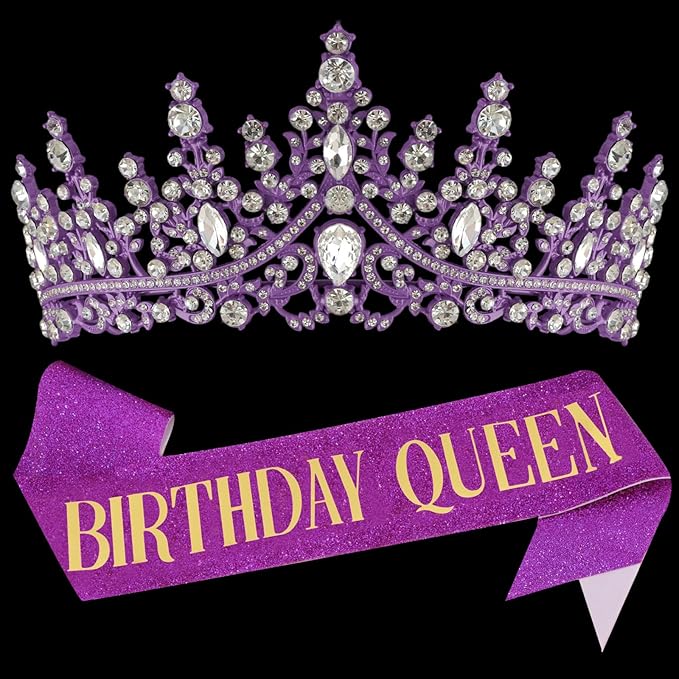 COCIDE Purple Birthday Queen Sash for Women Happy Birthday Crowns Princess Tiaras Sashes for Girl Crystal Party Decorations Rhinestone Headband Supplies Decor