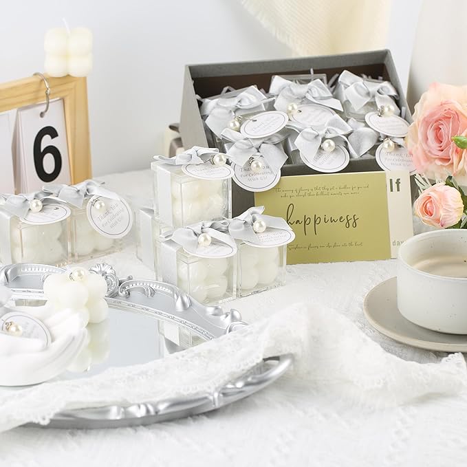 ACITHGL 30 Sets Small Bubble Candle Wedding Candles Favors for Guests Bulk Bridal Shower Favors Candles with Stylish Ribbons Thank You Cards Gifts (Shimmering Silver)
