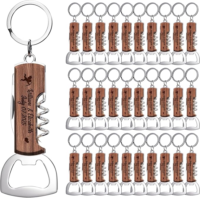 30PCS Personalized Rosewood Multifunctional Bottle Opener, Customized Favors Gifts for Wedding Birthday Party, Engraved Bottle Opener Keychains for Guest